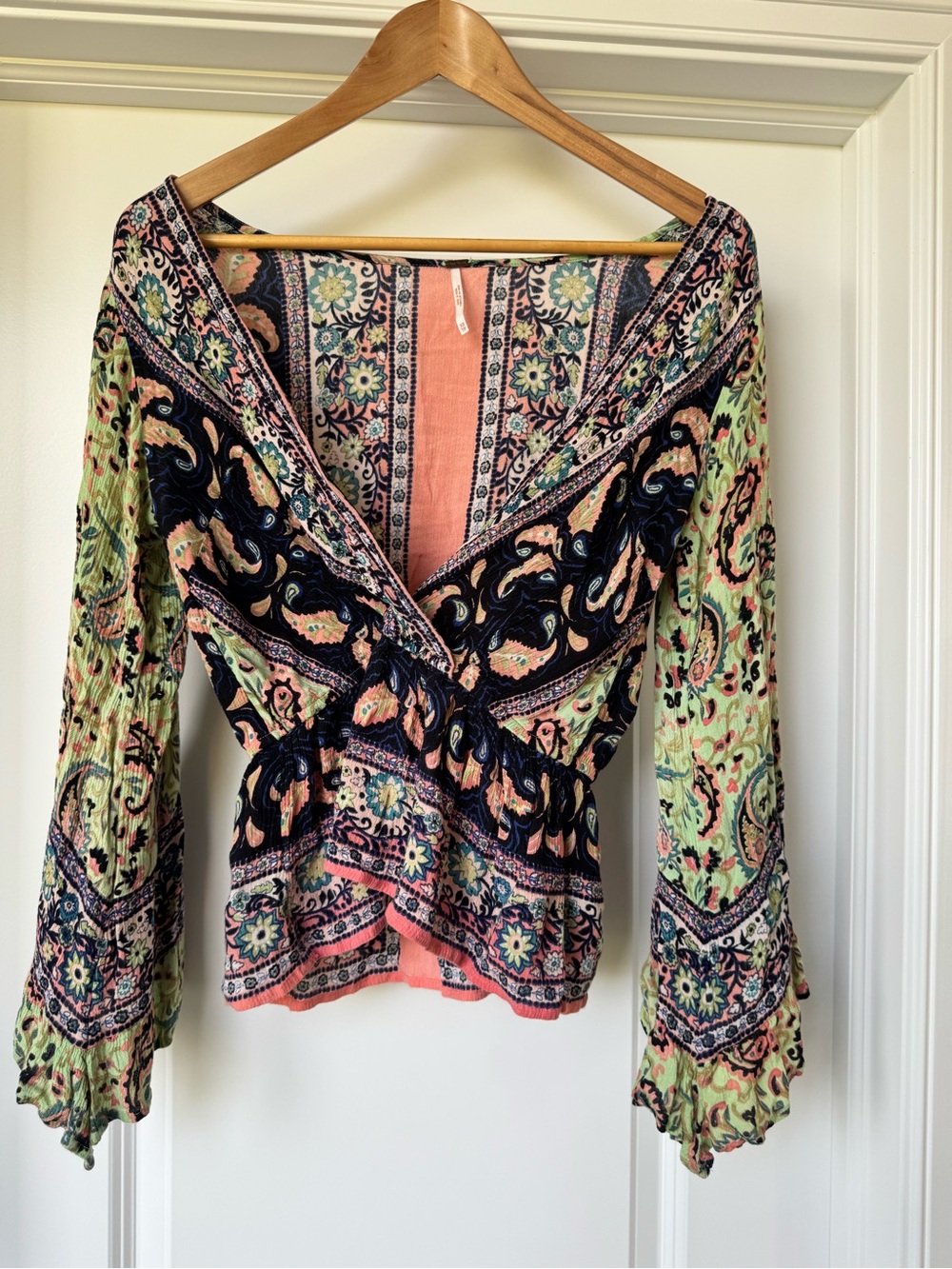 Free People XS Paisley Floral Wrap Top Bell Sleeve Boho Blouse
